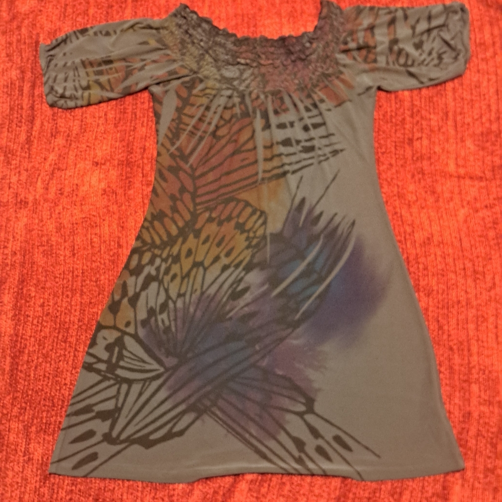 Elegant Gray Butterfly Print Women's Dress